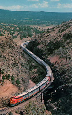 Santa Fe passenger train, Apache Canyon, near Lamy, NM, Fred Harvey photo