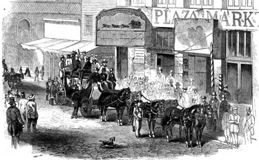 Overland Mail Co. Stage leaving San Francisco, 1858 (Harpers Weekly, December 11, 1858)