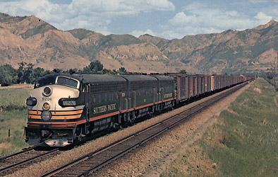 Southern Pacific F-7 No. 6226 diesel units pulling freight train near Ogden, Utah, photo courtesy SP
