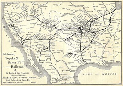 Atchison, Topeka & Santa Fe Railway Route Map from the 1891 Grain Dealers and Shippers Gazetteer.