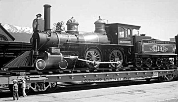 V&T Locomotive transported on a UP flat car, photo by Otto Perry, Ogden, Utah, May 9, 1969, courtesy Denver Public Library OP-19492