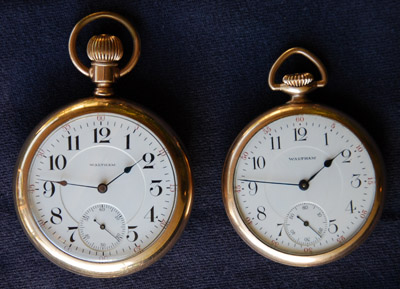 Waltham 18-size 1892 and 16-size 1908 Crescent Street watches illustrate difference in size