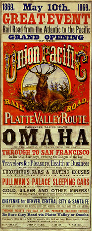 Union Pacific poster announcing the opening of the transcontinental railroad