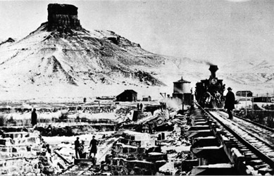 UP Construction at Green River, Wyoming Winter 1868 Citadel Rock is in the background (A. J. Russell)