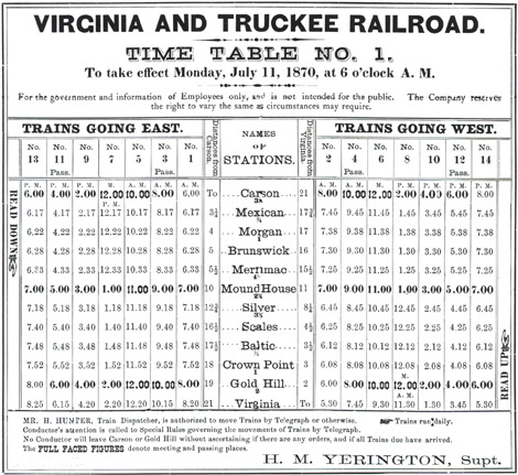 Virginia & Truckee Employee Time Table No. 1, July 1870, Grahm Hardy Collection
