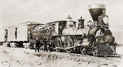 CP locomotive No. 113 "FALCON" at Argenta, Nevada, March 1, 1869, with U.S. Special Pacific Railroad Commission members sitting on its pilot inspecting the track. (John B. Silvis photographer)